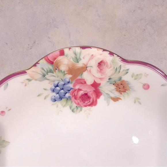 Mikasa Wellington Cake Plate FX013 Rosemead Scalloped Gold Rim Pink Roses Fruit - Picture 2 of 6